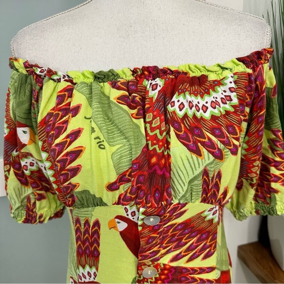 Farm Rio Macaw Print Off Shoulder Baby Doll Dress SZ P = Small Multicolor GUC - Picture 3 of 8